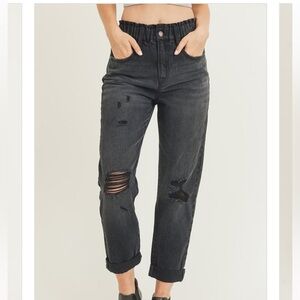 Risen High Rise Elastic Waisted Distressed Mom Jean